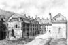 Spital nach dem Abbruch der alten Vorbauten zum Spitalbach hin, Zeichnung von Friedrich Reik von 1884 (StadtA Schwäb. Hall FS 00252)
