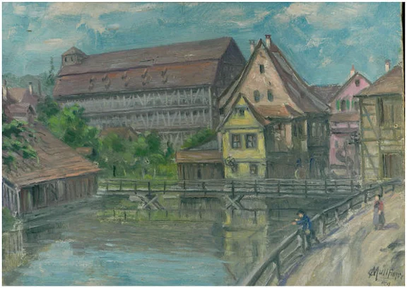 Ein Gemälde von Otto Mulfinger von 1951 zeigt die 1945 von Bomben zerstörte Hirschlesmühle und dahinter den Solespeicher vor dem Abbruch Anfang der 1930er Jahre  (StadtA Schwäb. Hall S12/0040)