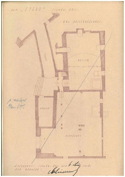 Grundriss des Kellergeschosses aus dem Bauantrag zur Renovierung des „Sterns“ von 1938 (Baurechtsamt Schwäb. Hall, Bauakten Unterlimpurger Straße 61)