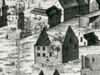 Ausschnitt aus der Ansicht der durch den Großen Stadtbrand vom 31. August 1728 zerstörten Stadt mit der Ruine von St. Jakob. Kupferstich von A. Nunzer in Nürnberg nach Vorlage von J. P. Meyer. Die Vorgängerbebauung wurde offenbar komplett zerstört (StadtA Schwäb. Hall FS 36334)