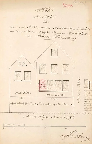 Skizze der Fassade zum Umbau der Werkstatt des Feilenhauers Reitmaier, 1870 (Baurechtsamt Schwäb. Hall, Bauakten)