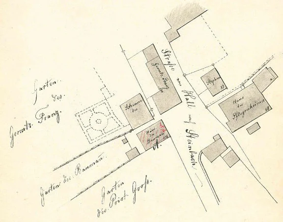 Lageplan von 1870 (aus den Bauakten des Hauses Unterlimpurger Straße 48) (StadtA Schwäb. Hall 27/506)