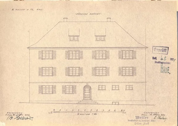 Ansicht der Fassade zu einem Neubau als Wohnhaus, 1929 (StadtA SHA 27/0193)