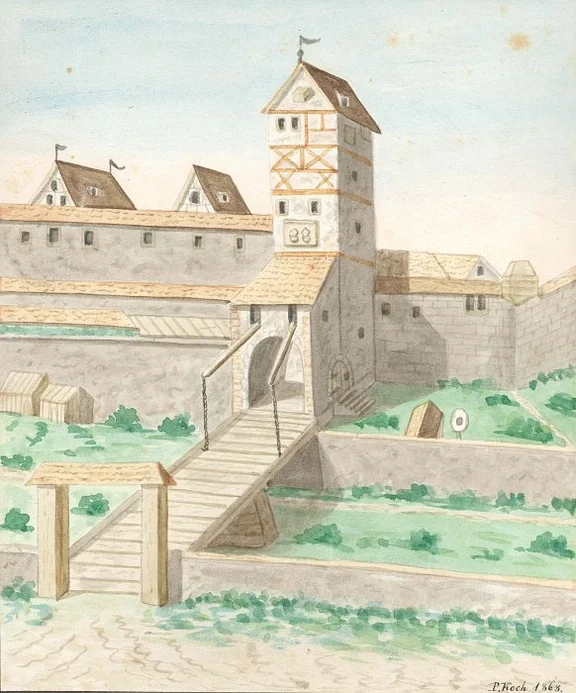 Außenseite des Riedener Tores vor dessen Abbruch. Schön zu sehen sind der breite Riedenertorgraben und (rechts) die Zielscheibe des auf der anderen Kocherseite gelegenen Schützenhauses. Zeichnung von Peter Koch nach einer älteren Vorlage, 1878 (StadtA SHA S10/2244).