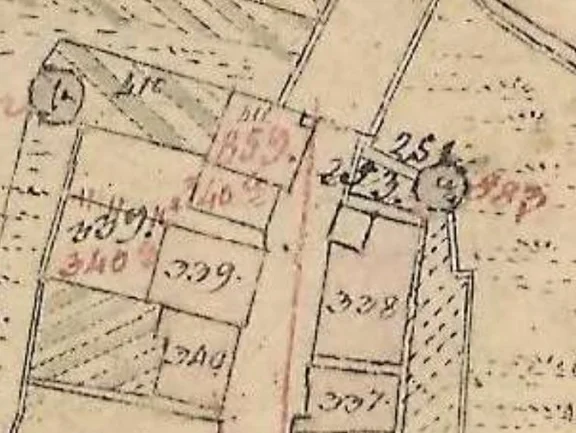 Ausschnitt aus dem Primärkataster von 1827  (Plan: Geodatenportal Schwäbisch Hall / Stadt Schwäbisch Hall, Fachbereich Planen und Bauen, Abteilung Vermessung).