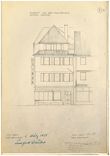 Ansicht der Fassade zur Rosmarinstraße für den Umbau von 1955, bis dahin bestehender Zustand. Original: Privatbesitz (StadtA Schwäb. Hall DIG 10645)