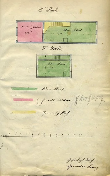 Grundriss des III. bis IV. Stocks für einen Teilungsplan zwischen den Hausbesitzern Adam Klenk (grün) und der Witwe Emert (rot), 1877 (gemeinschaftlicher Besitz: gelb) (StadtA Schwäb. Hall 19/510, Beil. 2)
