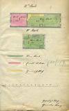 Grundriss des III. bis IV. Stocks für einen Teilungsplan zwischen den Hausbesitzern Adam Klenk (grün) und der Witwe Emert (rot), 1877 (gemeinschaftlicher Besitz: gelb) (StadtA Schwäb. Hall 19/510, Beil. 2)