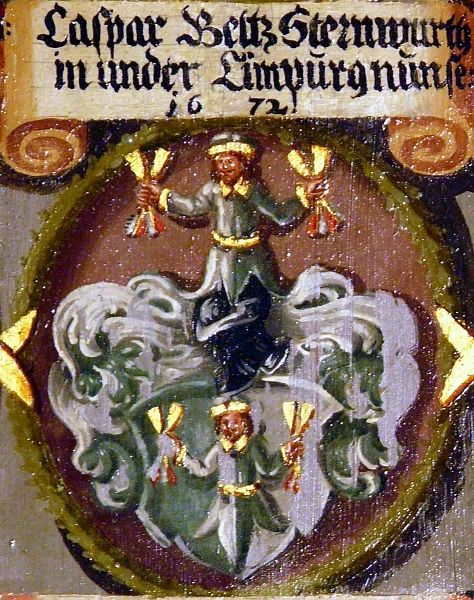 Wappen des Sternwirts Caspar Belz von 1672 auf der Stiftertafel für das Gymnasium im Chor von St. Michael. Foto: Dietmar Hencke, 2008 (StadtA Schwäb. Hall DIG 10785)