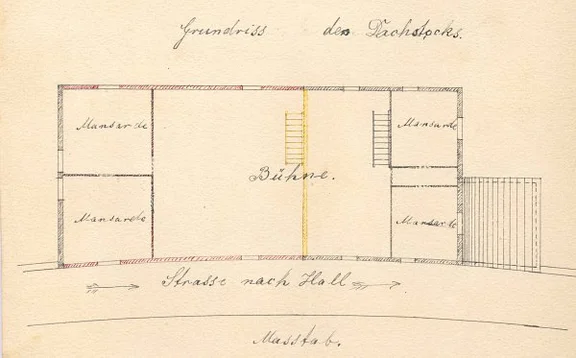 Grundriss des Obergeschosses zu einer teilweisen Aufstockung des Hauses, 1871 (StadtA Schwäb. Hall 27/0333)