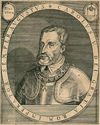 Kaiser Karl V., der 1541 von diesem Haus aus die Huldigung der Schwäbisch Haller Bürgerschaft entgegen nahm. Kupferstich aus N. Bello: Oesterreichischer Lorbeerkranz..., Bd. 3, Frankfurt 1628, S. 74 (StadtA Schwäb. Hall RB 2°229)