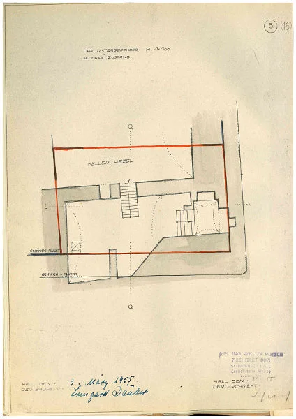Grundriss der Gewölbekeller für den Umbau von 1955, bis dahin bestehender Zustand. Der Keller des Hauses liegt teilweise unter der Neuen Straße und außerhalb des heutigen Hausgrundrisses, während ein zum Nachbarhaus Neue Straße 20 gehörender Keller (hier als „Keller Hezel“ bezeichnet) unter den nördlichen Teil des Hausgrundrisses der Neuen Straße 18 (ebenso auch unter das nördlich anstoßende Haus Rosmarinstraße 1) reicht. In der Lage der Gewölbekeller außerhalb der heutigen Hausgrundrisse spiegelt sich vermutlich die Bebauungssituation vor dem Großen Stadtbrand von 1728 wider. Original: Privatbesitz (StadtA Schwäb. Hall DIG 10633)