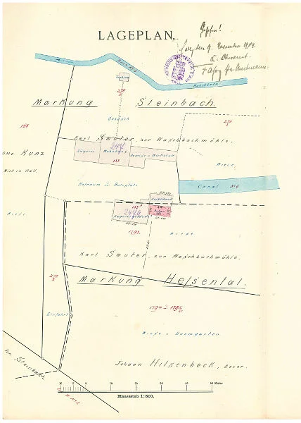 Lageplan zur Erstellung eines Anbaus an die  Sägerei, 1902 (StadtA Schwäb. Hall 27/515)