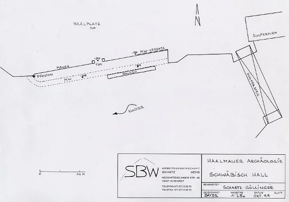 Lageplan zu den 1999 durch das Büro Schaetz/Weihs dokumentierten Mauerfundamenten im Flussbett des Kochers vor der südlichen Haalmauer (StadtA Schwäb. Hall S26/149)
