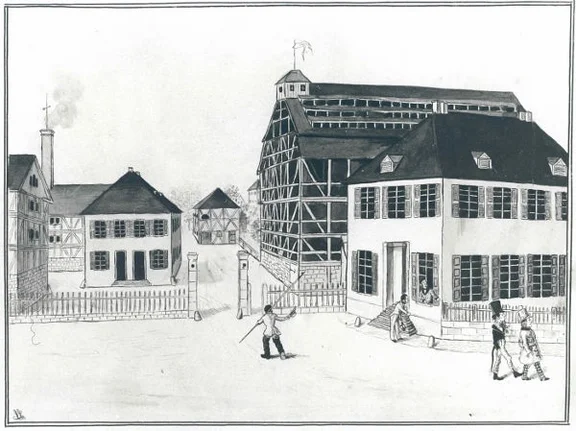Zeichnung eines unbekannten Künstlers aus den 1840er oder 1850er Jahren mit dem Eingang der Saline. Rechts neben dem Eingang steht das heute noch existierende Wohnhaus des Salinendirektors (Salinenstraße 12) (StadtA Schwäb. Hall FS 06198)