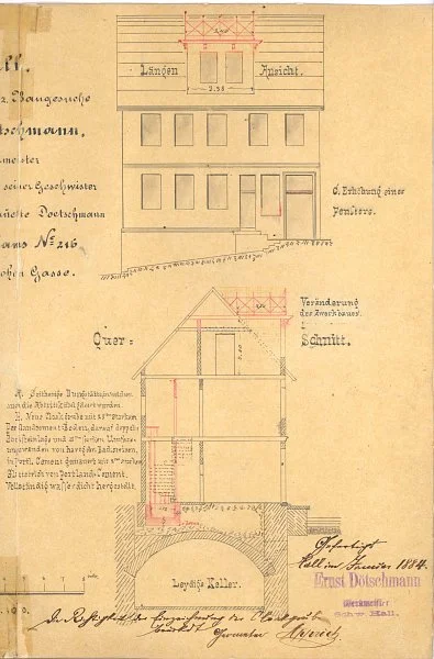 Schnitt und Ansicht zu den Umbauten von 1884 (Baurechtsamt Schwäb. Hall, Bauakten)