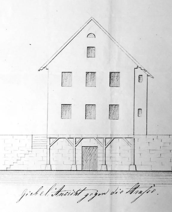 Plan von 1863, Straßenansicht mit Holzstützen (Stadt Schwäbisch Hall, Baurechtsamt, Bauakten Neustetterstraße 14)