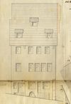 Seitenansicht des Hauses mit Einzeichnungen zum geplanten Umbau des Giebels  und einer Erweiterung des Erdgeschosses durch Werkmeister Lorenz Holch, 1862 (StadtA SHA  19/1068, S. 768)