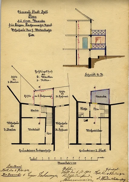 Hausgrundrisse, die 1903 im Zusammenhang mit dem Anbau einer Veranda auf der Hausrückseite erstellt wurden. (StadtA Schwäb. Hall 27/445)