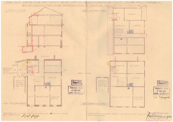 Schnittzeichnungen und Grundrisse zur Erneuerung der „Abortanlage“, 1938. Da es noch keine Kanalisation gab, hatte das Haus eine eigene Latrinengrube, die gelegentlich geleert werden musste (Stadt Schwäb. Hall, Baurechtsamt, Bauakten Neustetterstraße 24)