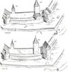 Rekonstruktion der beiden Ausbauphasen des Pulverturms (Nr. 55) von Eduard Krüger. 1490 baute man den Turm mit einer nach oben offenen Plattform, 1515 folgte ein weiteres Stockwerk mit Dach. Nach links folgen der Hirschgraben, das 1490 zugemauerte Lullentor (Nr. 54), der ''Rinderbachturm'' (Nr. 52) und der „Schneewasserturm“ (Nr. 53). Nach links führte der Riedenertorgraben zum Riedener Tor und zum Kocher. Aus Eduard Krüger: Die Stadtbefestigung von Schwäbisch Hall, Schwäbisch Hall 1966, S. 96