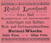 Anzeige des im Haus ansässigen „Manufakturwaren- und Aussteuergeschäfts“ des Rudolf Leonhardt von 1901, aus: W. Burkhardt (Bearb.): Adreß- und Geschäfts-Handbuch der Oberamtsstadt Schwäbisch Hall, Schwäbisch Hall 1901, Inseratenanhang, S. 27 (StadtA Schwäb. Hall Bibl. 2947)