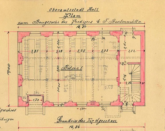 Grundriss des Betsaals im Erdgeschoss zum Neubau von 1890 (StadtA SHA 27/0010)