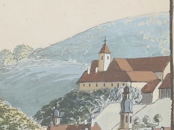 Ausschnitt aus einer Gouache von C. Gebriel mit der Comburg und Steinbach zwischen 1809 und 1814 (StadtA Schwäb. Hall S10/811)