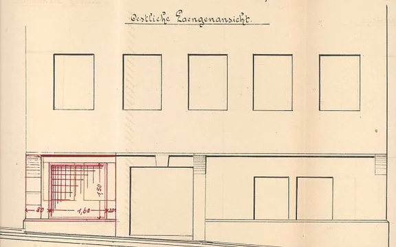 Ansicht der Fassade zum Einbau größerer Fenster in der Werkstatt im EG, 1890 (Baurechtsamt Schwäb. Hall, Bauakten)
