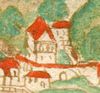 Ausschnitt aus einer kolorierten Federzeichnung von Unterlimpurg in einer Haller Chronik, um 1600. Gut erkennbar ist die um das Areal herum führende Umfassungsmauer (StadtA Schwäb. Hall 4/4, Bl. 10)