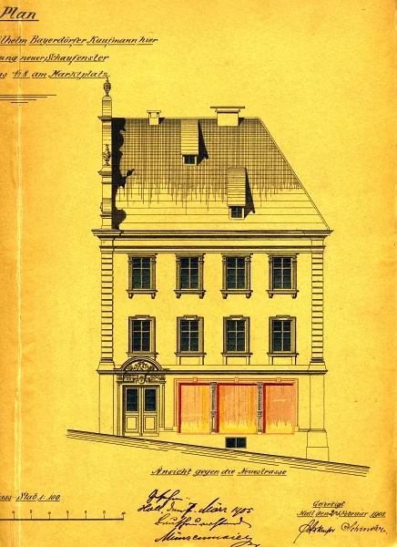 Plan zum Einbau neuer Schaufenster und zu Umbauarbeiten im Erdgeschoss, 1905, Ansicht der Fassade zur Neuen Straße hin (Baurechtsamt Schwäb. Hall, Bauakten)