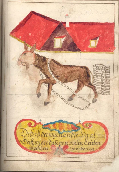 Weitere Zeichnung des Haalgeists aus der „Colland-Chronik“ von 1774, im Hintergrund Haalhäuser und Holzstapel (StadtA Schwäb. Hall HV HS 87)
