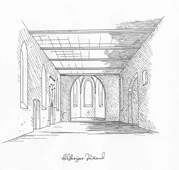 Innenansicht der Johanniterhalle; Skizze von Eduard Krüger, 1942 (StadtA Schwäb. Hall S22/1205)