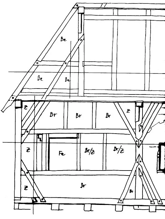 Fachwerk auf der linken Seite des straßenseitigen Giebels (heutiger Bestand). Zeichnung: Albrecht Bedal (StadtA SHA Server Häuserlexikon)