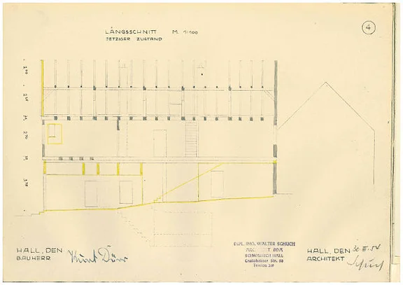 Längsschnitt zum Umbau zwecks Einrichtung eines Ladens, alter Bauzustand, 1954 (Baurechtsamt Schwäb. Hall, Bauakten)