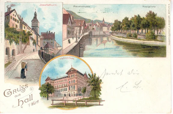 1897 gelaufene Potpourri-Ansichtskarte (StadtA Schwäb. Hall PK 00922)