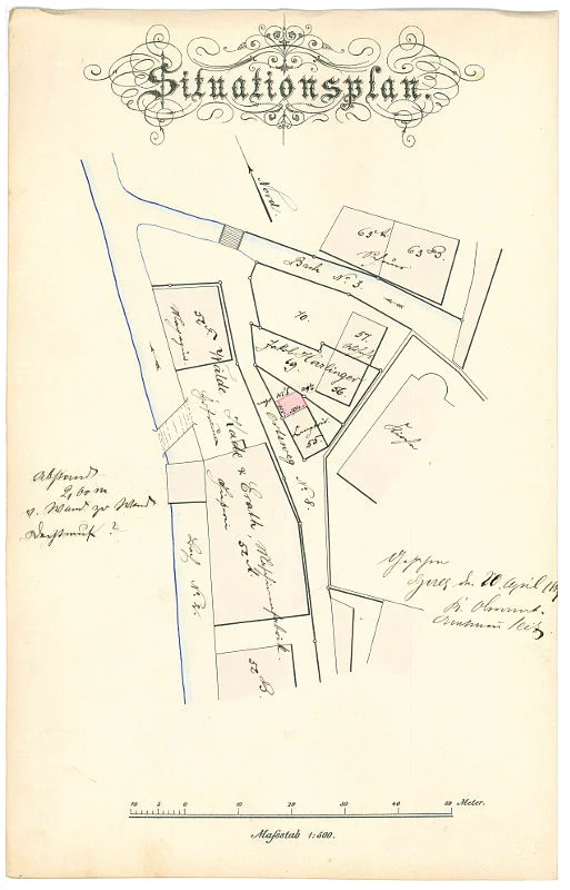 Lageplan zur Erstellung eines Anbaus an das Kontor der Firma Waelde, Kade & Erath,  April 1899 (StadtA Schwäb. Hall 27/540)