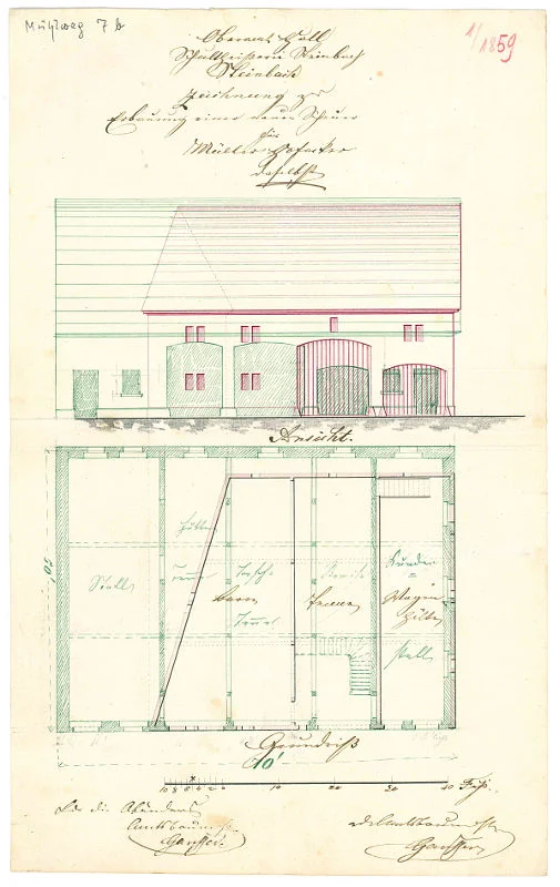 Grundriss und Ansicht für den Neubau einer Scheuer, 1859 (StadtA Schwäb. Hall 27/538)