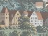 Ausschnitt aus einer Gouache von C. Gebriel mit Comburg und Steinbach zwischen 1809 und 1814.Das heutige Haus Nr. 32 ist als großes Fachwerkhaus rechts der Synagoge erkennbar (StadtA Schwäb. Hall S10/811)