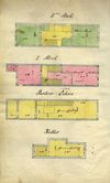 Grundriss des Kellers, des Parterres sowie des I. bis II. Stocks für einen Teilungsplan zwischen den Hausbesitzern Adam Klenk (grün) und der Witwe Emert (rot), 1877 (gemeinschaftlicher Besitz: gelb) (StadtA Schwäb. Hall 19/510, Beil. 2)