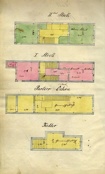 Grundriss des Kellers, des Parterres sowie des I. bis II. Stocks für einen Teilungsplan zwischen den Hausbesitzern Adam Klenk (grün) und der Witwe Emert (rot), 1877 (gemeinschaftlicher Besitz: gelb) (StadtA Schwäb. Hall 19/510, Beil. 2)