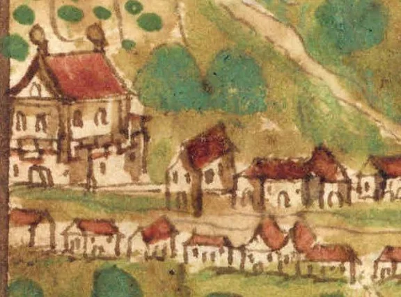 Ausschnitt aus einer Ansicht von Unterlimpurg, das Zollhaus ist links am Rand erkennbar. Kolorierte Federzeichnung aus einer Haller Chronik um 1600 (StadtA Schwäb. Hall HV HS 74, Bl. 35)