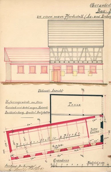 Fassadenansicht zum Umbau in einen Pferdestall, 1896 (StadtA SHA 27/0333)