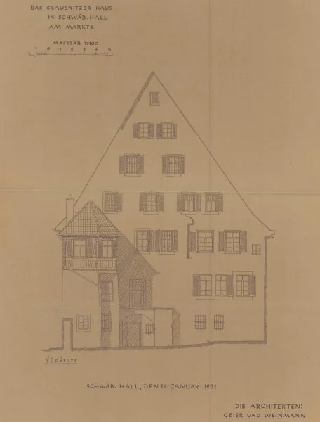 Ansicht der Südfassade (Rückseite), 1951 (Baurechtsamt Schwäbisch Hall, Bauakten Am Markt 2)