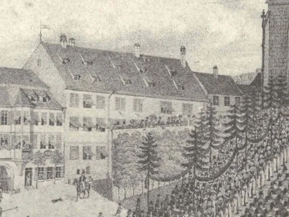 Ausschnitt aus einer Darstellung des Liederfests von 1838. Aus: K. Ulshöfer: Schwäbisch Hall.Bilder einer alten Stadt, Schwäbisch Hall 1971, S. 80
