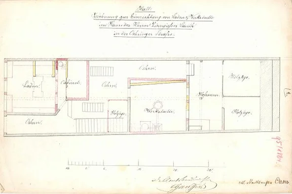 Grundriss des Erdgeschosses, 1864 (Baurechtsamt SHA, Bauakten Gelbinger Gasse 23)
