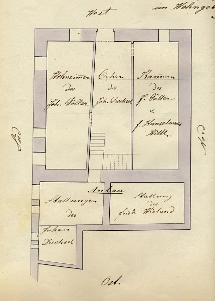 Grundriss vermutlich des Erdgeschosses zu einer Teilung des Hauses zwischen den Eigentümern Johann Drechsel, Friedrich Wieland und Friedrich Hanselmanns Witwe, 1869. (StadtA Schwäb. Hall 19/1064 Beil. Nr. 2/1969)