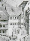 Ausschnitt aus einer Darstellung der Fahnenweihe der Schwäbisch Haller Bürgerwehr auf dem Haalplatz am 10. Juni 1849. Lithografie von W. Haaf (StadtA SHA FS 26933)