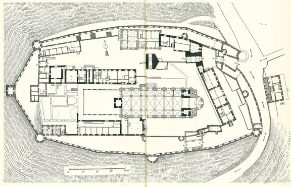 Grundriss der Gesamtanlage der Comburg, Stand 1907, aus: Eugen Gradmann (Hrsg.): Die Kunst- und Altertums-Denkmale der Stadt und des Oberamtes Schwäbisch-Hall, Esslingen 1907, nach S. 110