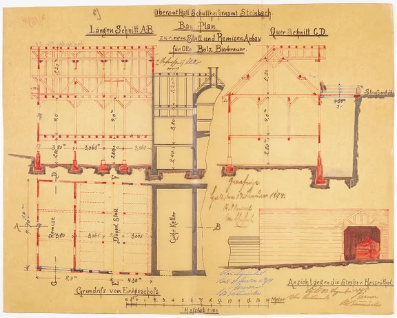 Schnitte und Grundrisse des 1893/94 geplanten Anbaus an der Brauerei (Stadt Schwäb. Hall, Baurechtsamt, Bauakten Neustetterstraße 20)